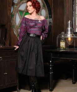 All In Stock Size XS Bella Vintage Gathered Swing Skirt In Solid Black Cotton Sateen | Pinup Couture