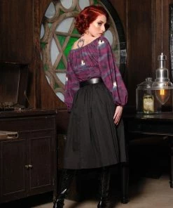 All In Stock Size XS Bella Vintage Gathered Swing Skirt In Solid Black Cotton Sateen | Pinup Couture