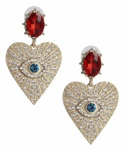 Ole - FashionGo What's New, Pussycat? Evil Eye Ruby & Azure Rhinestone Crystal Pave Heart Earrings