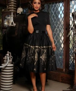 LBHM Final Sale - Bella Gathered Swing Skirt In Black & Gold Deco Spiderweb Border Print | Laura Byrnes & Hope Morrison