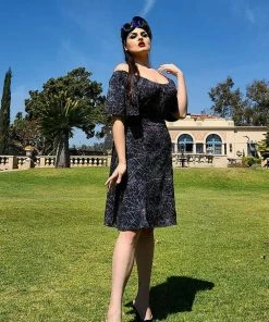 Final Sale - Butterfly 40's Tulip Dress In Black Widow Spiderweb Crepe | Pinup Couture Shop All In-Stock Items By Size