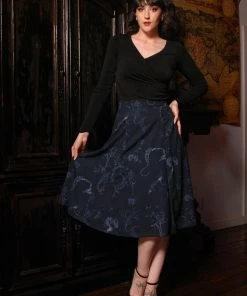 Laura Byrnes Design Shop All In-Stock Items By Size Final Sale - Viva 40s Tulip Skirt In Blue & Silver Witchy Toile Print | Laura Byrnes