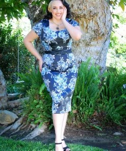 Laura Byrnes Design Shop All In-Stock Items By Size OYS Laura Wiggle Dress In Vintage Blue Roses Stretch Satin | Laura Byrnes