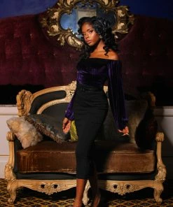 Pinup Girl Clothing Final Sale - Swann Long Sleeve Peasant Top In Purple Stretch Velvet | Pinup Couture