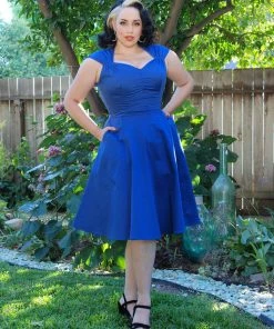 Pinupgirlclothing.com Final Sale - Vintage Style Pinup Heidi A-Line Dress In Solid Blue | Pinup Couture