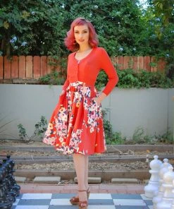 MAK / YeMak Vintage Pinup Button Up Cropped Cardigan In Coral | Pinup Girl Clothing