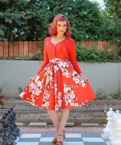 MAK / YeMak Vintage Pinup Button Up Cropped Cardigan In Coral | Pinup Girl Clothing