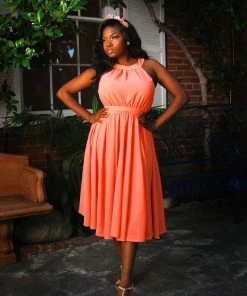 Pinupgirlclothing.com Final Sale - Maybelle Gathered Swing Dress In Solid Peach | Laura Byrnes Shop All In-Stock Items By Size