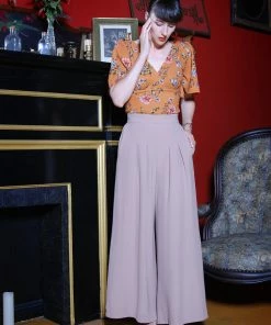 Final Sale - Dietrich Vintage Wide Leg Palazzo Pants In Beige Crepe | Laura Byrnes Design