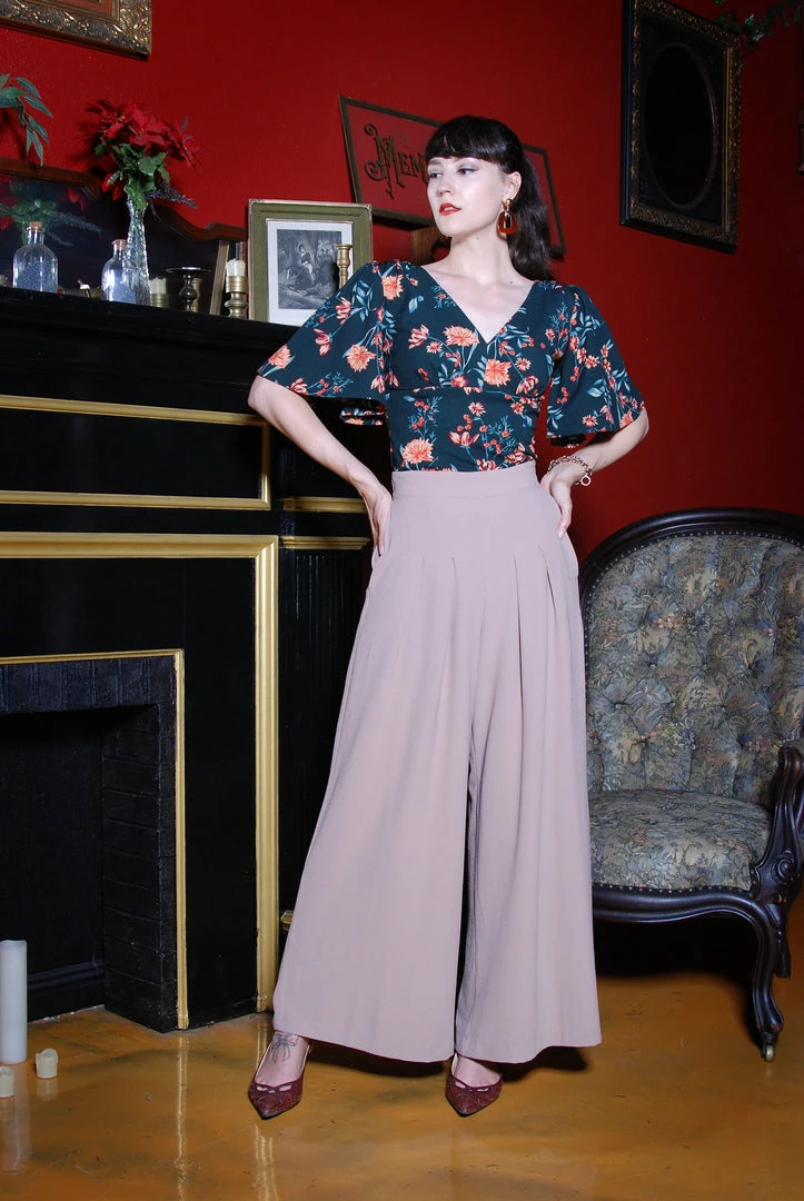 What's New, Pussycat? Viva Top - Vintage 40's Style Flutter Sleeve Blouse In Hunter Green Floral Crepe | Laura Byrnes Design 3 What's New, Pussycat? Viva Top - Vintage 40's Style Flutter Sleeve Blouse In Hunter Green Floral Crepe | Laura Byrnes Design