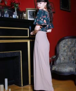 Final Sale - Dietrich Vintage Wide Leg Palazzo Pants In Beige Crepe | Laura Byrnes Design