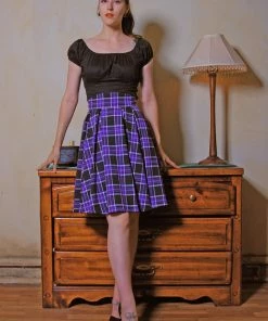 Pinupgirlclothing.com Shop All In-Stock Items By Size Final Sale - Little Jun Black And Purple Plaid Box Pleated Vintage Skirt Laura Byrnes