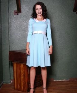 Final Sale - Madison Long Sleeve Dress In Blue Ponte With Ivory Contrast Collar | Pinup Couture
