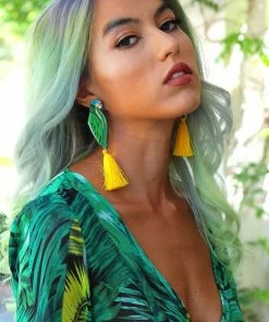 Nuez Moscada - Colombia Final Sale - Hand Made Tropical Parrot Earrings With Yellow Tassels