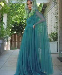 Rubber Ducky Gothic Glamour - Bombshell Plunge Maxi Gown In Peacock Green With Sheer Mesh Sleeves What's New, Pussycat?