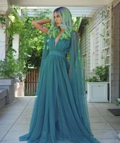 Rubber Ducky Gothic Glamour - Bombshell Plunge Maxi Gown In Peacock Green With Sheer Mesh Sleeves What's New, Pussycat?