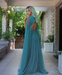 Rubber Ducky Gothic Glamour - Bombshell Plunge Maxi Gown In Peacock Green With Sheer Mesh Sleeves What's New, Pussycat?