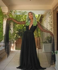 Rubber Ducky Coming Soon - Gothic Glamour Bombshell Gown In Black With Floor Length Sheer Cape Sleeves What's New, Pussycat?