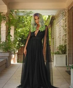 Rubber Ducky Coming Soon - Gothic Glamour Bombshell Gown In Black With Floor Length Sheer Cape Sleeves What's New, Pussycat?