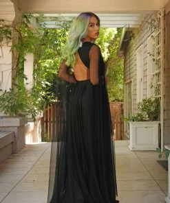 Rubber Ducky Coming Soon - Gothic Glamour Bombshell Gown In Black With Floor Length Sheer Cape Sleeves What's New, Pussycat?