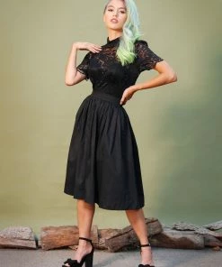 Shop All In-Stock Items By Size Petite Bella Vintage Gathered Swing Skirt In Solid Black Sateen | Pinup Couture