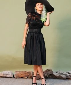 Shop All In-Stock Items By Size Petite Bella Vintage Gathered Swing Skirt In Solid Black Sateen | Pinup Couture
