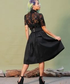 Shop All In-Stock Items By Size Petite Bella Vintage Gathered Swing Skirt In Solid Black Sateen | Pinup Couture