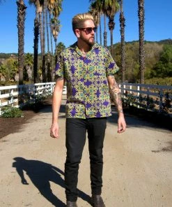 LBHM Unisex Button Down Shirt In Daddy Cthulhu Sateen | Laura Byrnes & Hope Johnstun What's New, Pussycat?