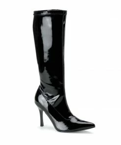 Pleaser I’m In Lust Knee High Stiletto Boots In Black Stretch Faux Patent Shop All In-Stock Items By Size