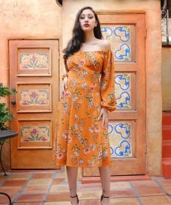 Pinupgirlclothing.com Shop All In-Stock Items By Size Final Sale - The Swann Dress In Mustard Floral Stretch Crepe | Pinup Couture