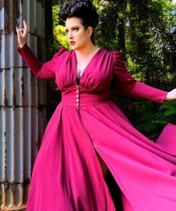 Laura Byrnes Design Clarice 40's Maxi Coat Dress In Solid Cabernet Stretch Crepe | Laura Byrnes