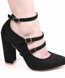 LUV Fashion Shoes - FashionGo Samantha 3 Strap Pump In Black Faux Suede