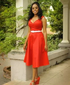 Pinupgirlclothing.com Final Sale - Vintage Inspired Heidi Dress In Solid Red Cotton Sateen | Pinup Couture