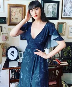 Laura Byrnes Design Final Sale - Ashley 70s Faux Wrap Maxi Dress With Cape Sleeves In Witchy Toile Print | Laura Byrnes
