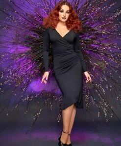 Greta Long Sleeved Faux Wrap Wiggle Dress In Black | Laura Byrnes Design 11 Greta Long Sleeved Faux Wrap Wiggle Dress In Black | Laura Byrnes Design