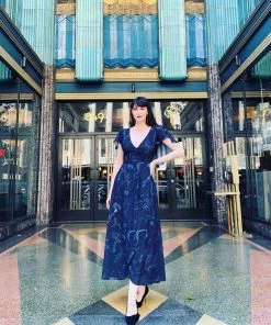 Laura Byrnes Design Final Sale - Ashley 70s Faux Wrap Maxi Dress With Cape Sleeves In Witchy Toile Print | Laura Byrnes