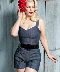 Laura Byrnes Design Final Sale - Laura Byrnes Daphne Short Overalls In Dark Blue Denim Shop All In-Stock Items By Size