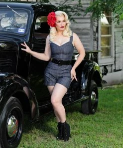 Laura Byrnes Design Final Sale - Laura Byrnes Daphne Short Overalls In Dark Blue Denim Shop All In-Stock Items By Size