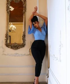 Viva Top Vintage 40's Inspired Flutter Sleeve Blouse In Light Blue | Laura Byrnes Design 23 Viva Top Vintage 40's Inspired Flutter Sleeve Blouse In Light Blue | Laura Byrnes Design