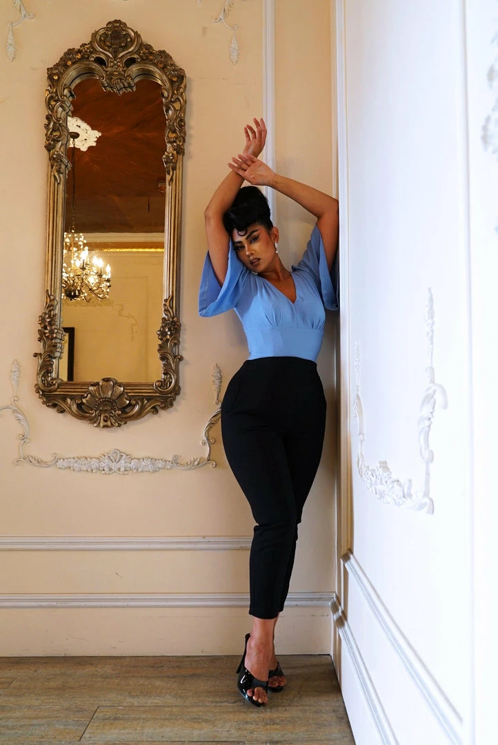 Viva Top Vintage 40's Inspired Flutter Sleeve Blouse In Light Blue | Laura Byrnes Design 11 Viva Top Vintage 40's Inspired Flutter Sleeve Blouse In Light Blue | Laura Byrnes Design