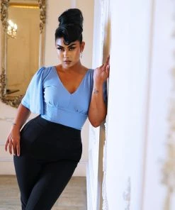 Viva Top Vintage 40's Inspired Flutter Sleeve Blouse In Light Blue | Laura Byrnes Design 27 Viva Top Vintage 40's Inspired Flutter Sleeve Blouse In Light Blue | Laura Byrnes Design