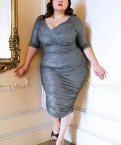 Laura Byrnes Design Shop All In-Stock Items By Size Laura Byrnes California Monica Wiggle Dress In Black And Silver Lurex Knit