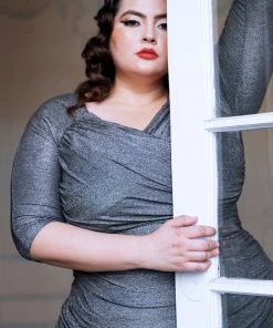 Laura Byrnes Design Shop All In-Stock Items By Size Laura Byrnes California Monica Wiggle Dress In Black And Silver Lurex Knit