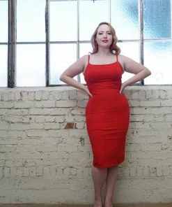 OYS - Jayne Wiggle Dress In Tomato Red Poly Crepe | Pinup Couture - L75 Shop All In-Stock Items By Size