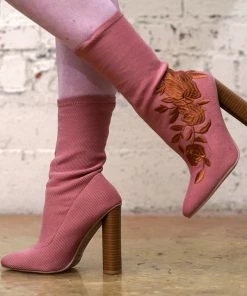 Hot Issue Fashion - FashionGo Shop All In-Stock Items By Size Final Sale - Flora Embroidered High Heel Booties In Rose