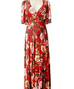 Final Sale - Katy 70s Maxi Dress In Red Floral Cotton Jersey Knit | Pinup Couture 12 Final Sale - Katy 70s Maxi Dress In Red Floral Cotton Jersey Knit | Pinup Couture