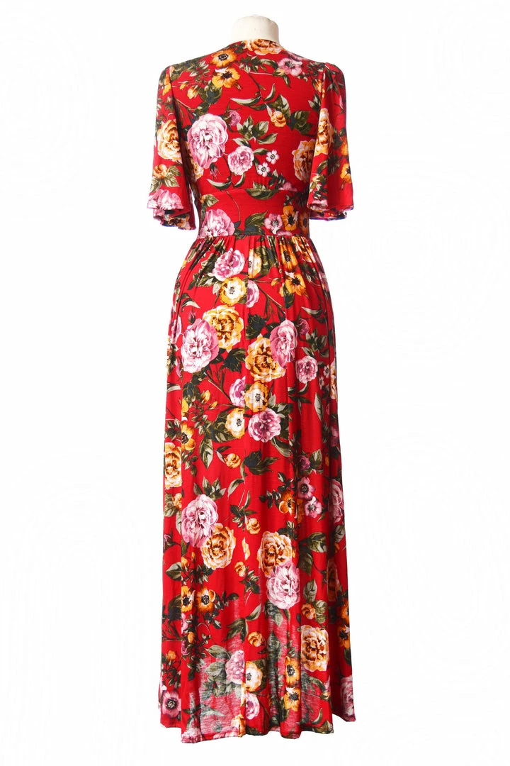 Final Sale - Katy 70s Maxi Dress In Red Floral Cotton Jersey Knit | Pinup Couture 8 Final Sale - Katy 70s Maxi Dress In Red Floral Cotton Jersey Knit | Pinup Couture