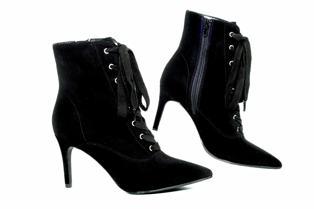 Joia Scorpio Stiletto Lace Up Hiker Bootie Heels In Midnight Black Faux Suede What's New, Pussycat? 3 Joia Scorpio Stiletto Lace Up Hiker Bootie Heels In Midnight Black Faux Suede What's New, Pussycat?