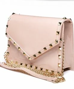 Anzell Studded Soft Pink Vegan Patent Leather Clutch