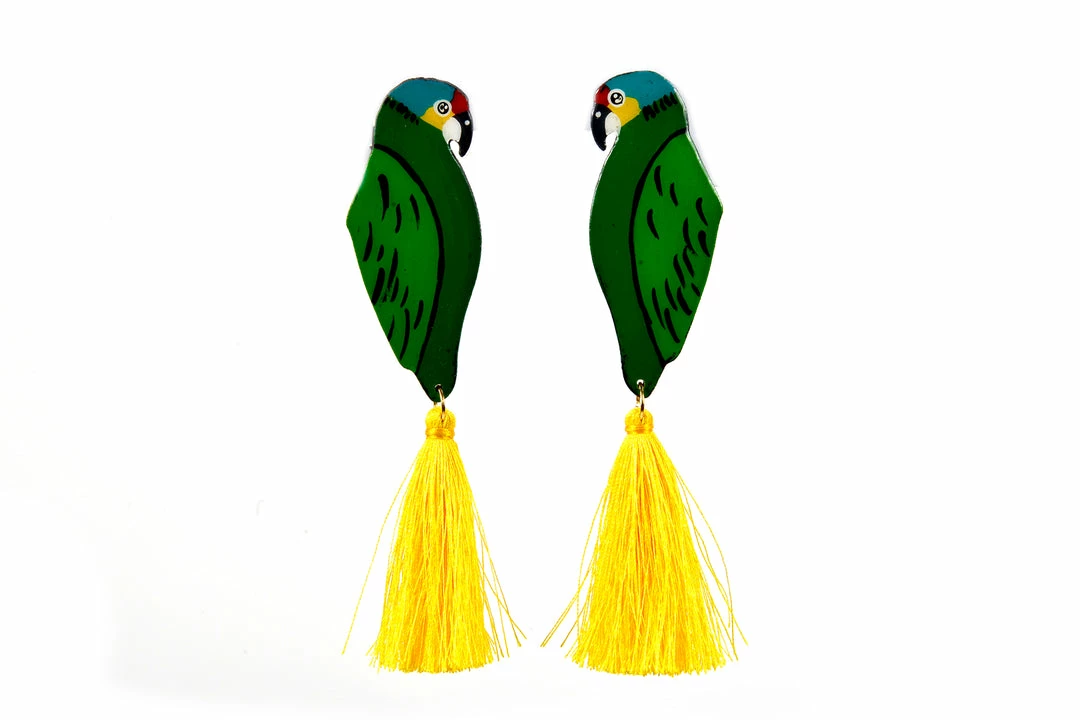 Nuez Moscada - Colombia Final Sale - Hand Made Tropical Parrot Earrings With Yellow Tassels 3 Nuez Moscada - Colombia Final Sale - Hand Made Tropical Parrot Earrings With Yellow Tassels